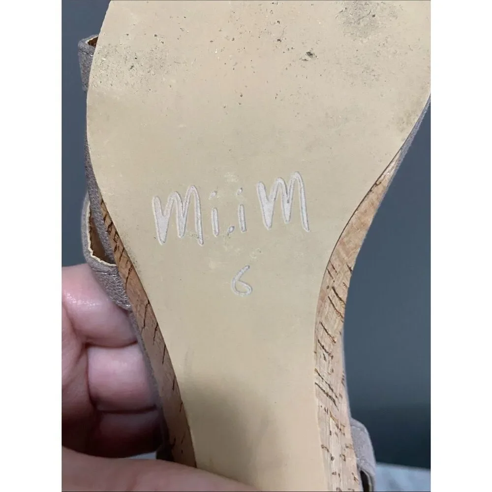 Mi.iM Women's Leather Taupe Wedge Sandals with Ankle Strap Size 6